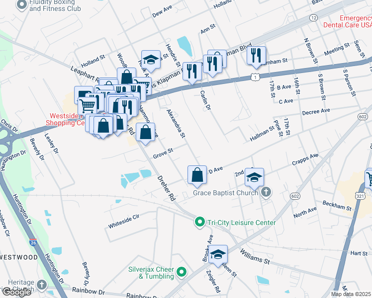 map of restaurants, bars, coffee shops, grocery stores, and more near 163 Alexandria Street in West Columbia