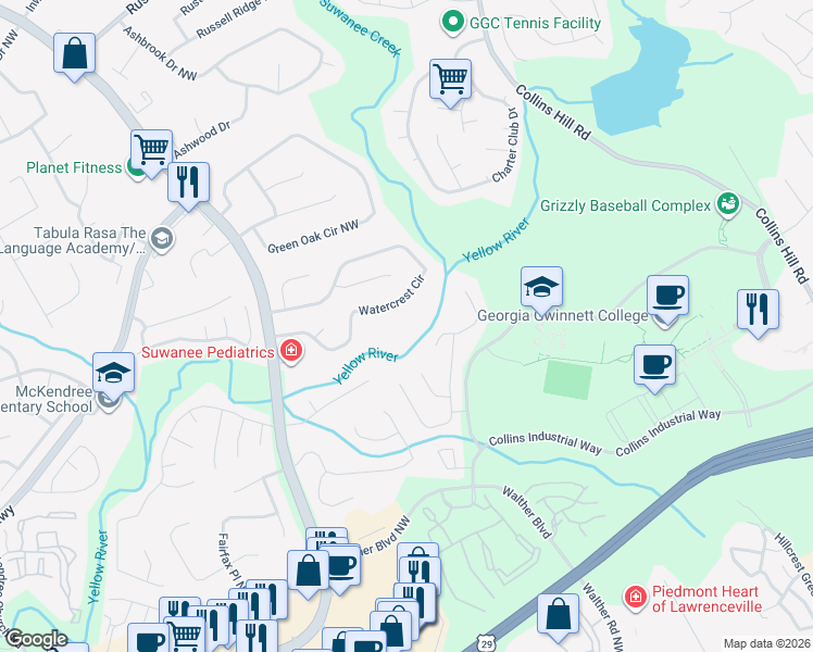 map of restaurants, bars, coffee shops, grocery stores, and more near 1615 Watercrest Circle in Lawrenceville