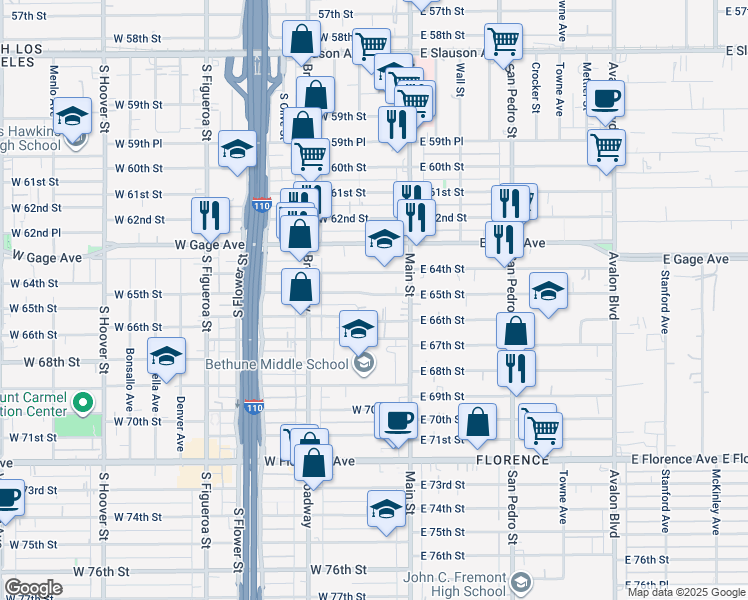 map of restaurants, bars, coffee shops, grocery stores, and more near 142 East 65th Street in Los Angeles