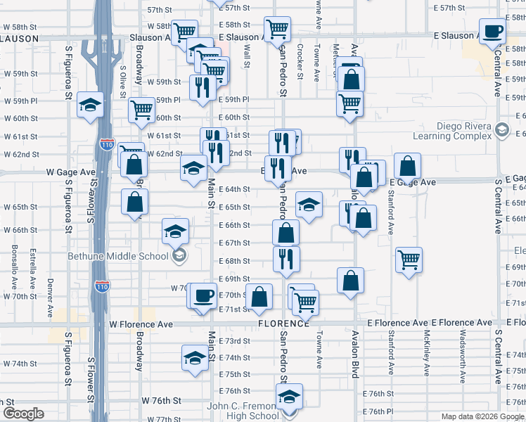 map of restaurants, bars, coffee shops, grocery stores, and more near 233 East 65th Street in Los Angeles