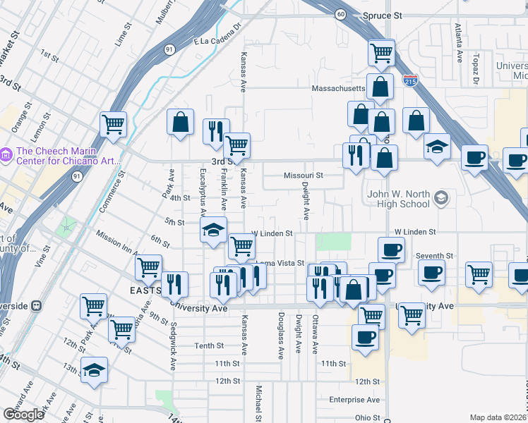 map of restaurants, bars, coffee shops, grocery stores, and more near 2029 Patterson Street in Riverside