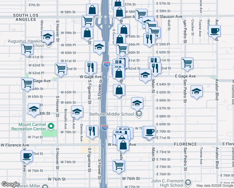 map of restaurants, bars, coffee shops, grocery stores, and more near 316 West 65th Street in Los Angeles
