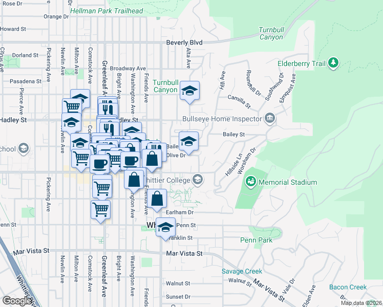 map of restaurants, bars, coffee shops, grocery stores, and more near 13459 Bailey Street in Whittier