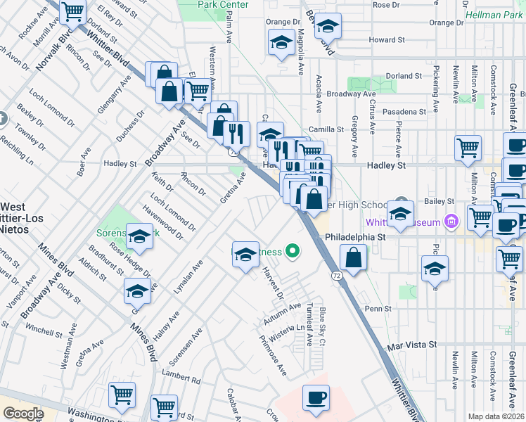 map of restaurants, bars, coffee shops, grocery stores, and more near 11730 Whittier Boulevard in Whittier