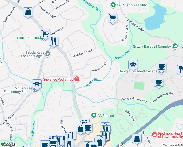 map of restaurants, bars, coffee shops, grocery stores, and more near 1554 Watercrest Circle in Lawrenceville