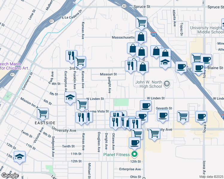 map of restaurants, bars, coffee shops, grocery stores, and more near 3440 Dwight Avenue in Riverside