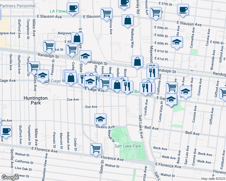 map of restaurants, bars, coffee shops, grocery stores, and more near 3267 East Gage Avenue in Huntington Park