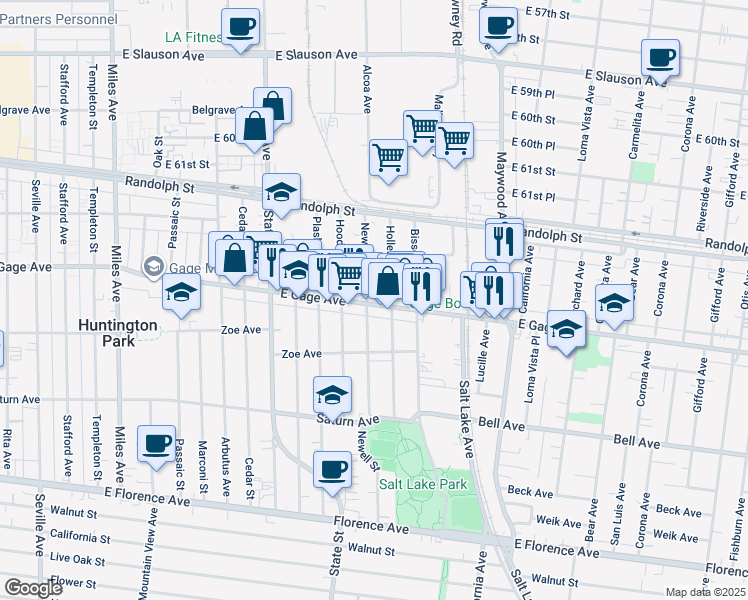 map of restaurants, bars, coffee shops, grocery stores, and more near 3267 East Gage Avenue in Huntington Park