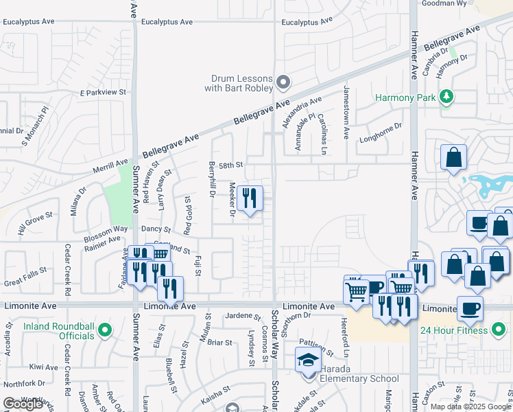 map of restaurants, bars, coffee shops, grocery stores, and more near 5936 Silveira Street in Eastvale