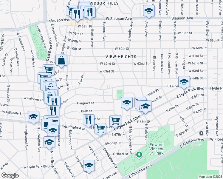 map of restaurants, bars, coffee shops, grocery stores, and more near 607 East Fairview Boulevard in Inglewood