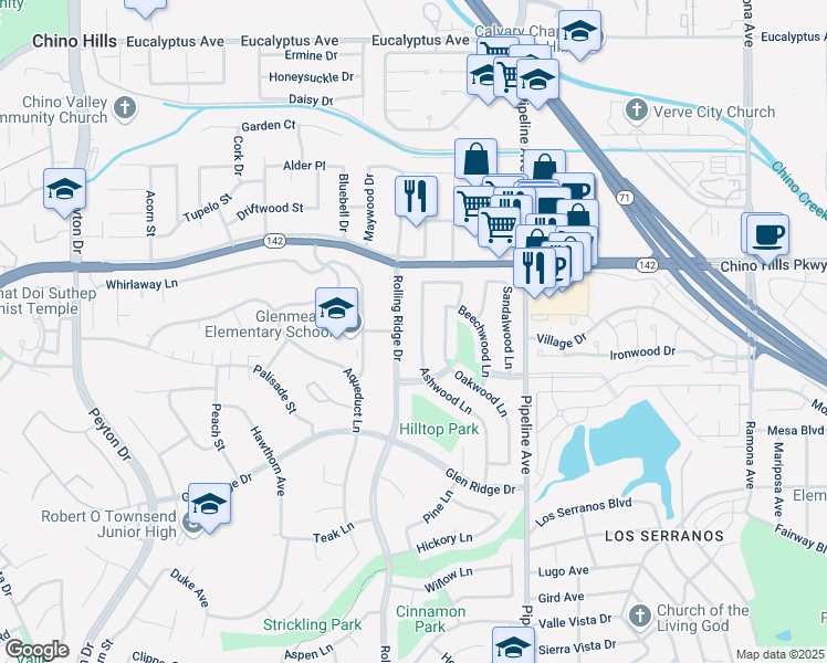 map of restaurants, bars, coffee shops, grocery stores, and more near 15020 Ashwood Lane in Chino Hills