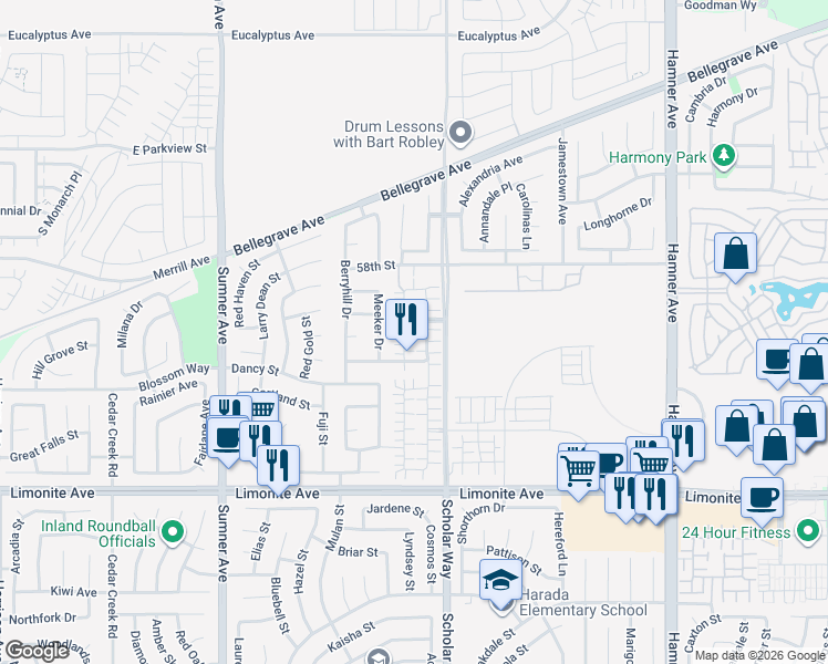 map of restaurants, bars, coffee shops, grocery stores, and more near 5962 Silveira Street in Corona