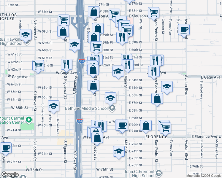 map of restaurants, bars, coffee shops, grocery stores, and more near 205 West 65th Street in Los Angeles