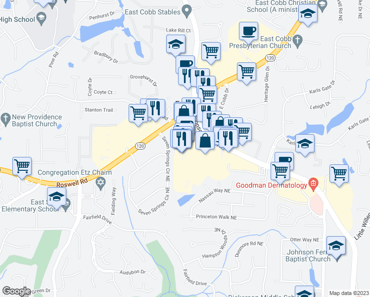 map of restaurants, bars, coffee shops, grocery stores, and more near 1311 Johnson Ferry Road in Marietta