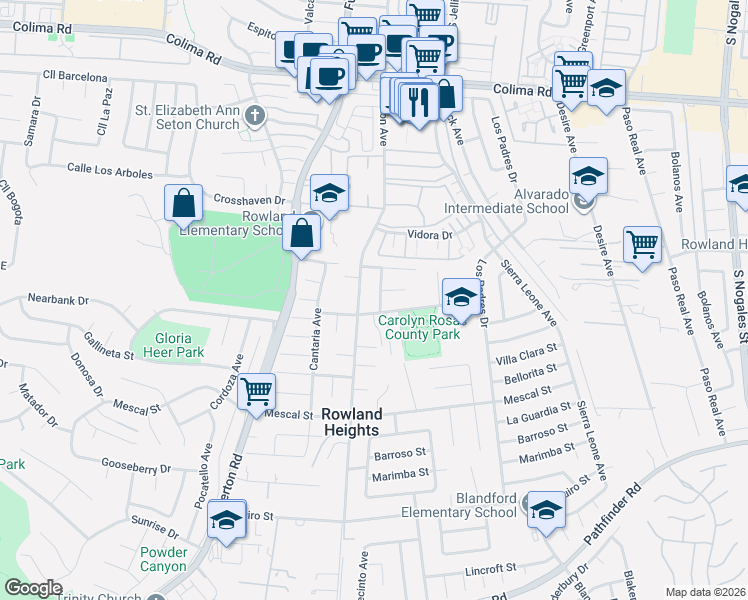 map of restaurants, bars, coffee shops, grocery stores, and more near 2139 Vivero Drive in Rowland Heights