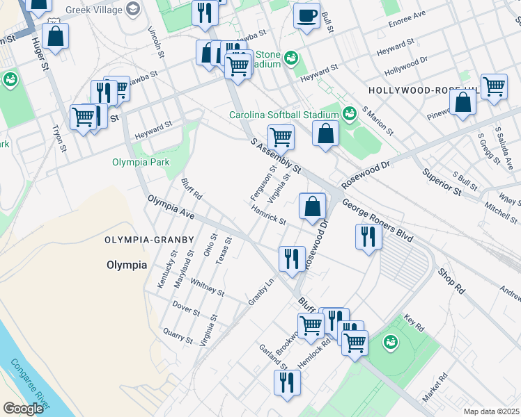 map of restaurants, bars, coffee shops, grocery stores, and more near 1157 Virginia Street in Columbia