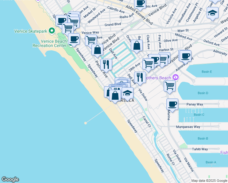 map of restaurants, bars, coffee shops, grocery stores, and more near 38 28th Place in Los Angeles