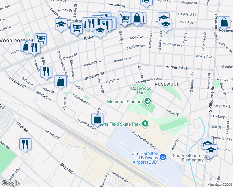 map of restaurants, bars, coffee shops, grocery stores, and more near 818 South Maple Street in Columbia