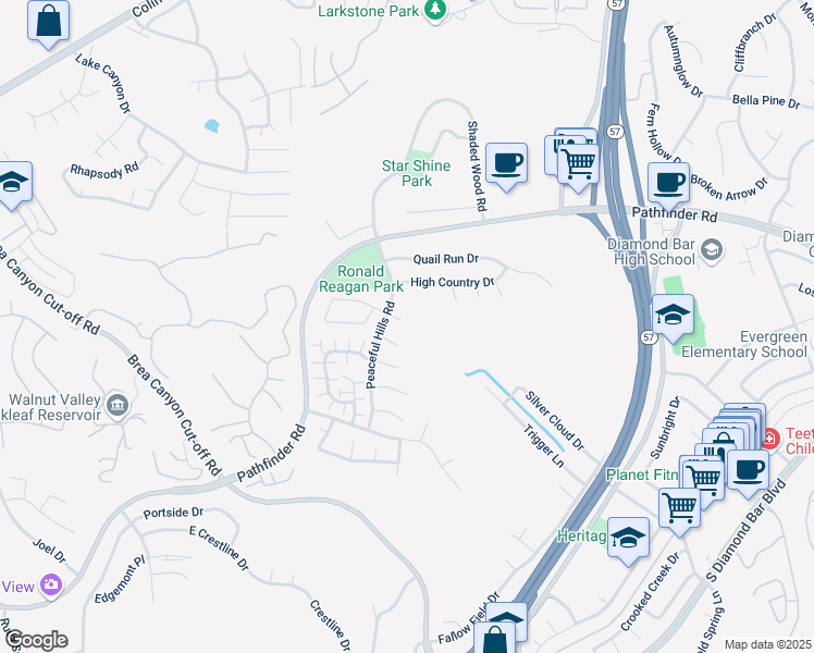 map of restaurants, bars, coffee shops, grocery stores, and more near 20819 East Rim Lane in Walnut