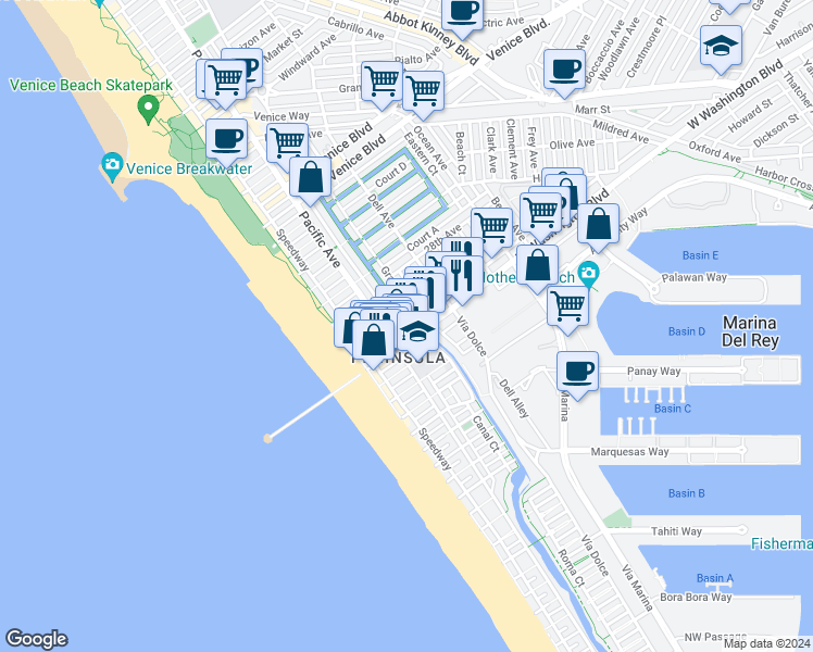 map of restaurants, bars, coffee shops, grocery stores, and more near 3000 Grand Canal in Los Angeles