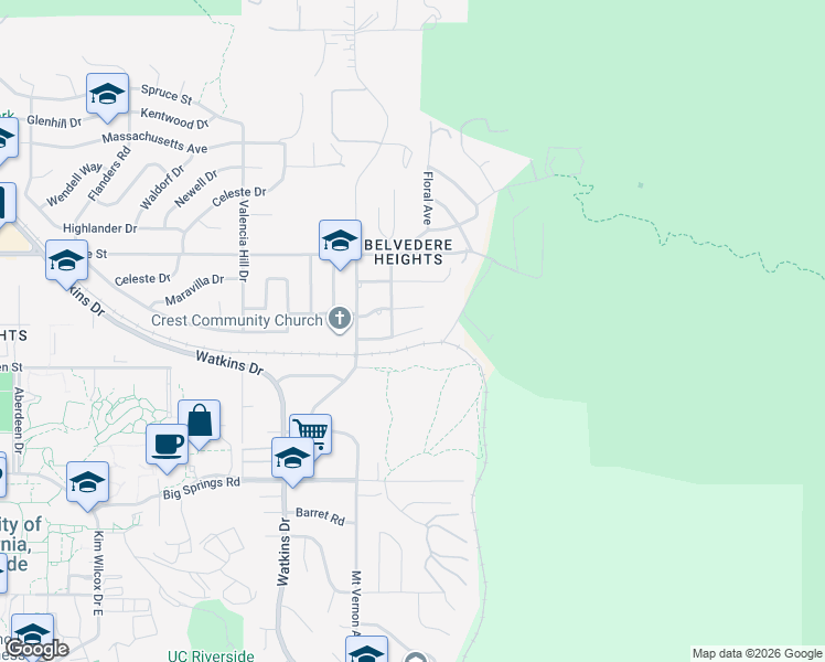 map of restaurants, bars, coffee shops, grocery stores, and more near 3420 Maricopa Drive in Riverside