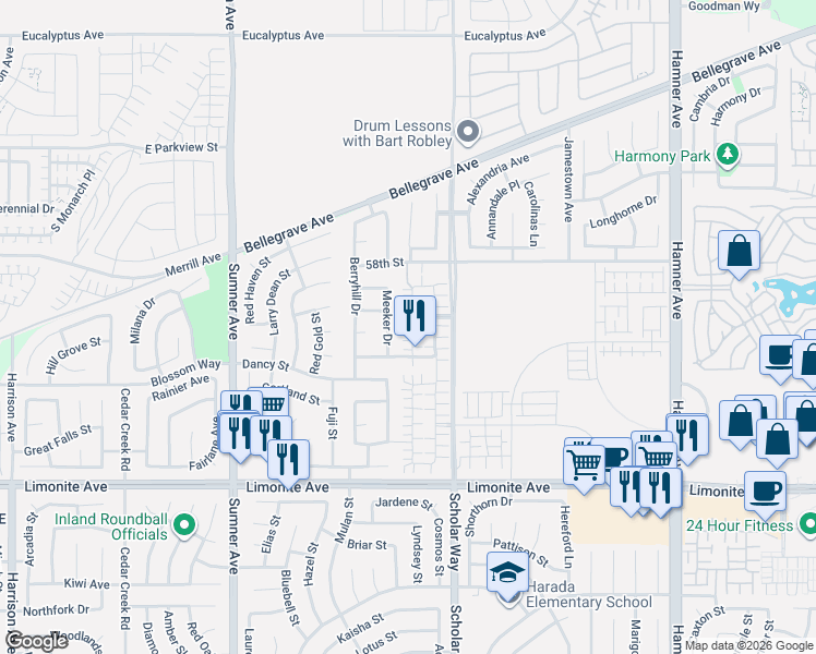 map of restaurants, bars, coffee shops, grocery stores, and more near 5936 Silveira Street in Eastvale
