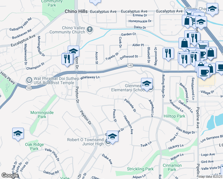 map of restaurants, bars, coffee shops, grocery stores, and more near 3536 Terrace Drive in Chino Hills