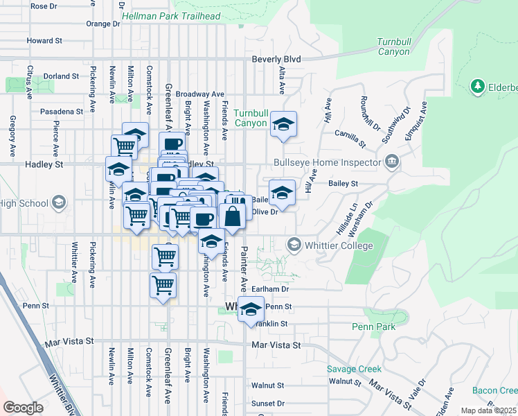 map of restaurants, bars, coffee shops, grocery stores, and more near in Whittier