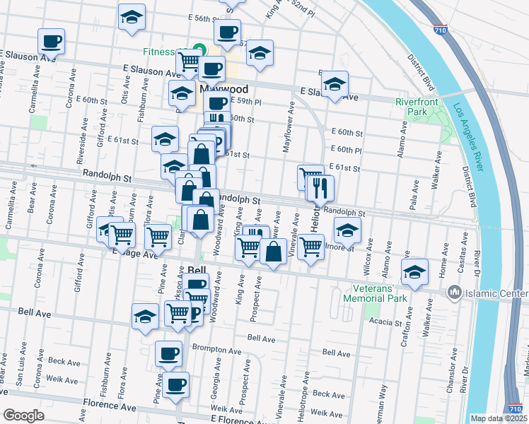 map of restaurants, bars, coffee shops, grocery stores, and more near 6203 Prospect Avenue in Bell