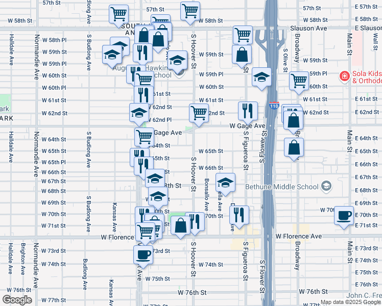 map of restaurants, bars, coffee shops, grocery stores, and more near 6414 South Hoover Street in Los Angeles