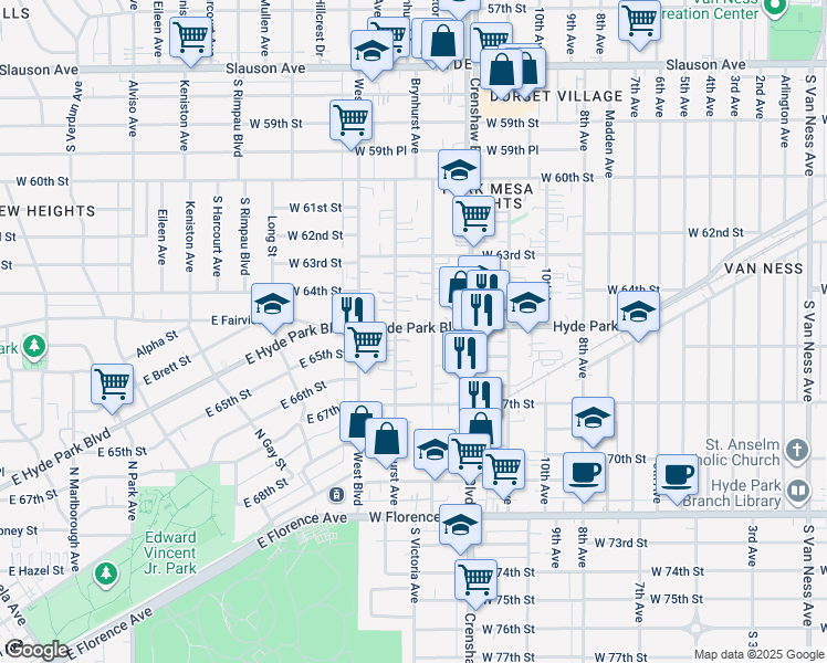 map of restaurants, bars, coffee shops, grocery stores, and more near 6428 Brynhurst Avenue in Los Angeles