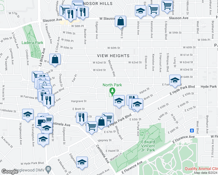 map of restaurants, bars, coffee shops, grocery stores, and more near 607 East Fairview Boulevard in Inglewood