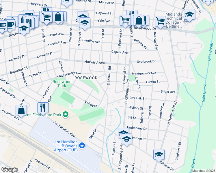 map of restaurants, bars, coffee shops, grocery stores, and more near 3418 Lanier Avenue in Columbia