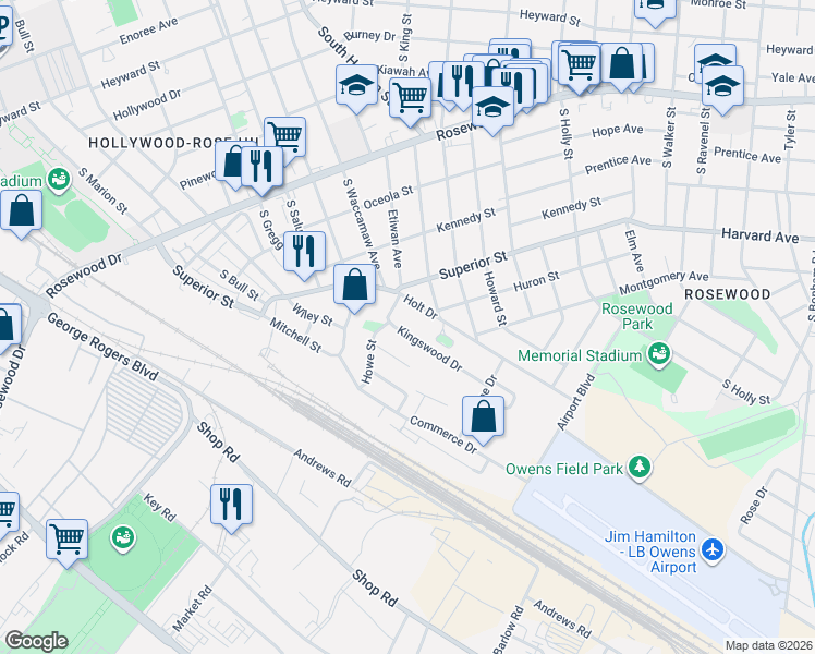 map of restaurants, bars, coffee shops, grocery stores, and more near 2218 Holt Drive in Columbia