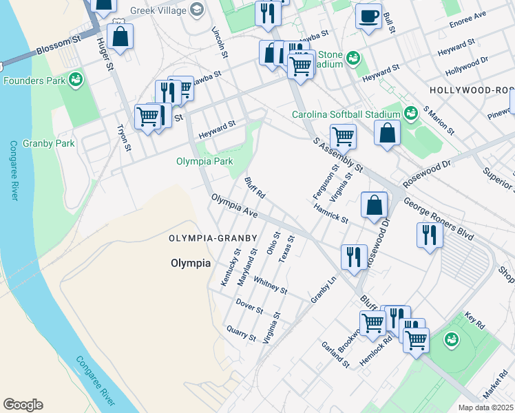 map of restaurants, bars, coffee shops, grocery stores, and more near 601 Kentucky Street in Columbia