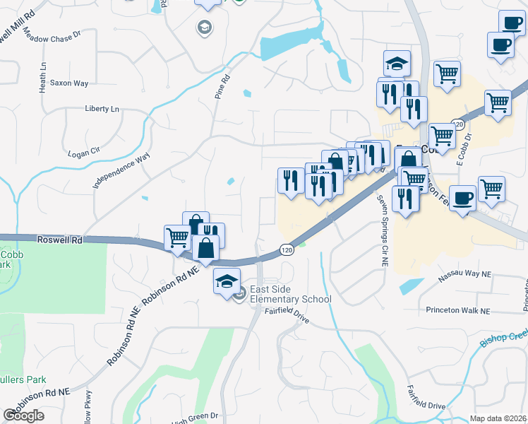 map of restaurants, bars, coffee shops, grocery stores, and more near 1228 Indian Hills Parkway Northeast in Marietta