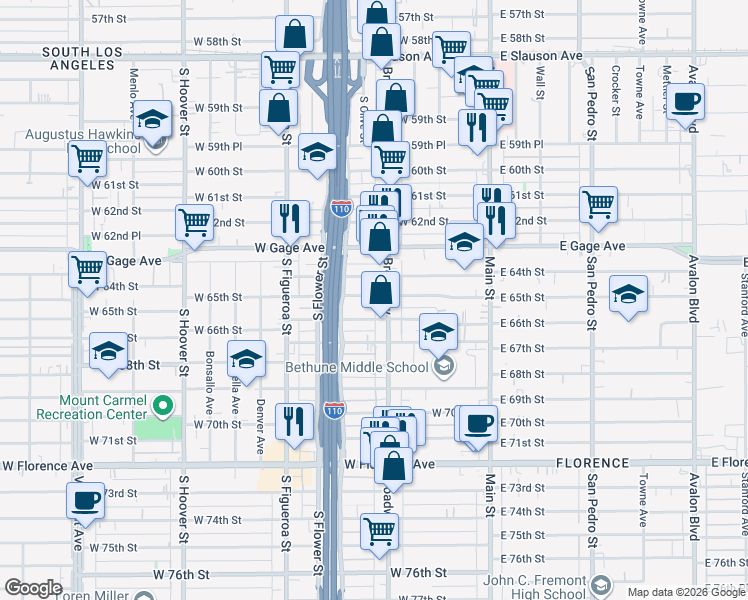 map of restaurants, bars, coffee shops, grocery stores, and more near 316 West 65th Street in Los Angeles