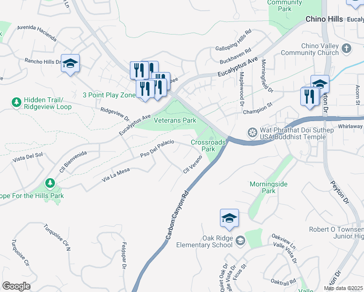 map of restaurants, bars, coffee shops, grocery stores, and more near 15003 Vía Tesoro in Chino Hills