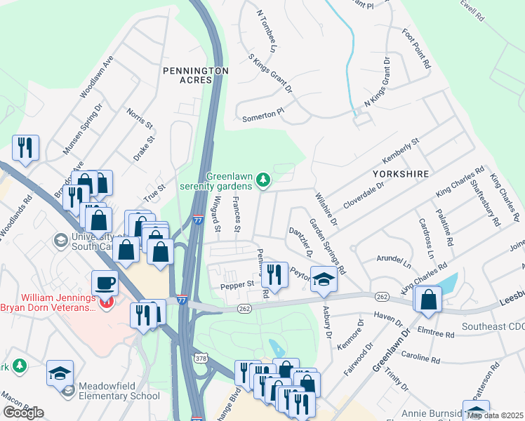 map of restaurants, bars, coffee shops, grocery stores, and more near 6705 Windwan Drive in Columbia