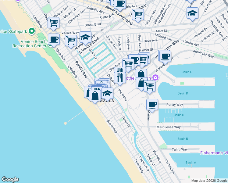 map of restaurants, bars, coffee shops, grocery stores, and more near 333 Washington Boulevard in Los Angeles