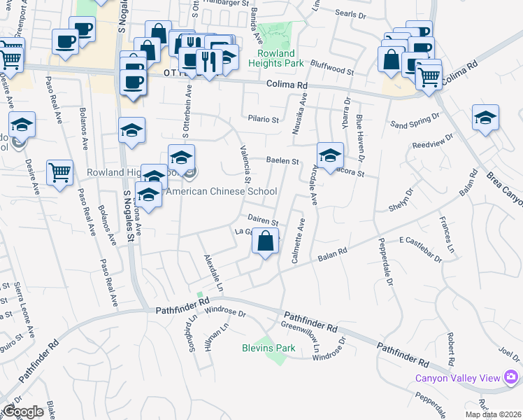 map of restaurants, bars, coffee shops, grocery stores, and more near 19378 Fadden Street in Rowland Heights