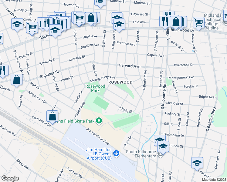 map of restaurants, bars, coffee shops, grocery stores, and more near 1000 Elm Avenue in Columbia