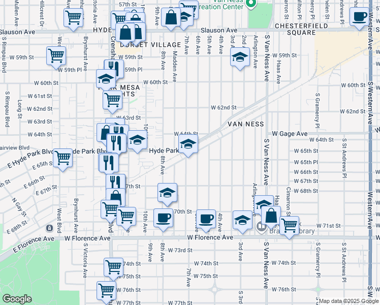 map of restaurants, bars, coffee shops, grocery stores, and more near 2815 Southwest Drive in Los Angeles