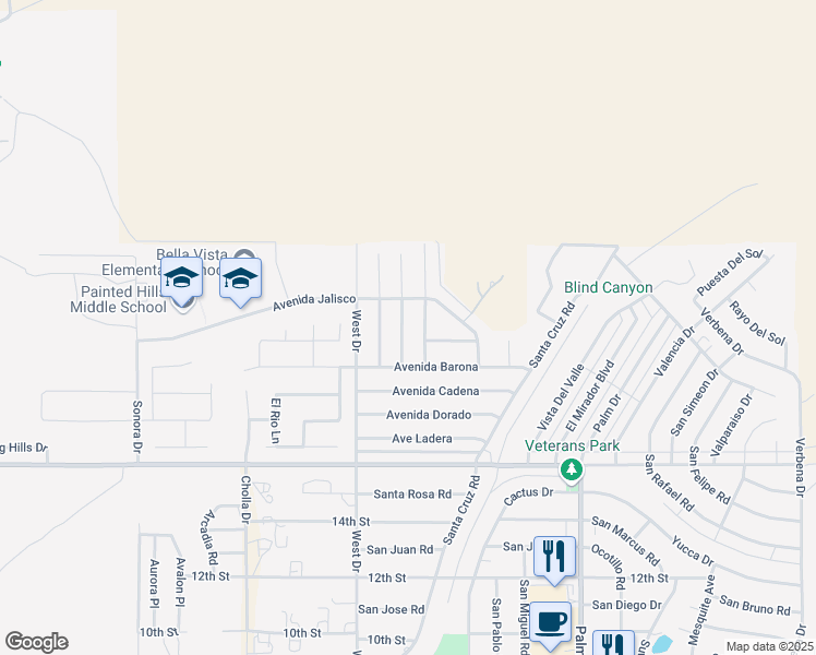 map of restaurants, bars, coffee shops, grocery stores, and more near 9390 Calle Escorial in Desert Hot Springs