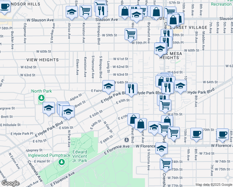 map of restaurants, bars, coffee shops, grocery stores, and more near 1119 East Hyde Park Boulevard in Inglewood