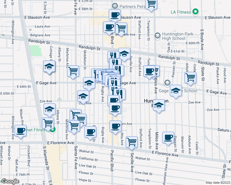map of restaurants, bars, coffee shops, grocery stores, and more near in Huntington Park