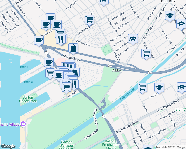 map of restaurants, bars, coffee shops, grocery stores, and more near 13219 Fiji Way in Marina del Rey