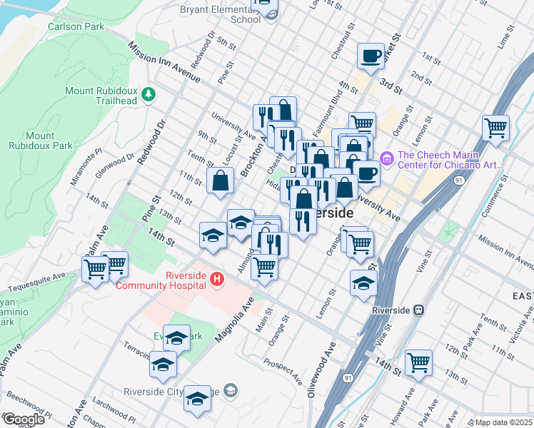 map of restaurants, bars, coffee shops, grocery stores, and more near 4079 Almond Street in Riverside