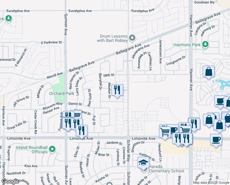 map of restaurants, bars, coffee shops, grocery stores, and more near 5936 Silveira Street in Eastvale