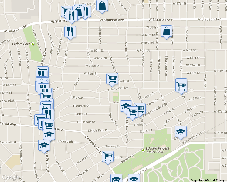 map of restaurants, bars, coffee shops, grocery stores, and more near 612 East Fairview Boulevard in Inglewood